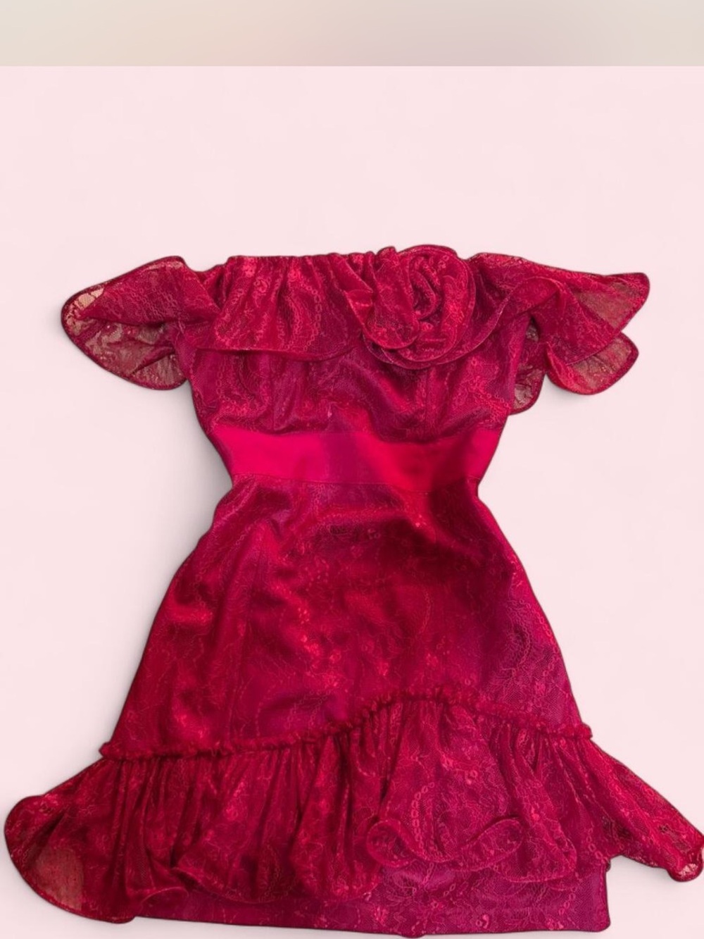 Pearl Strapless Red Lace Ruffle Dress for Girls
